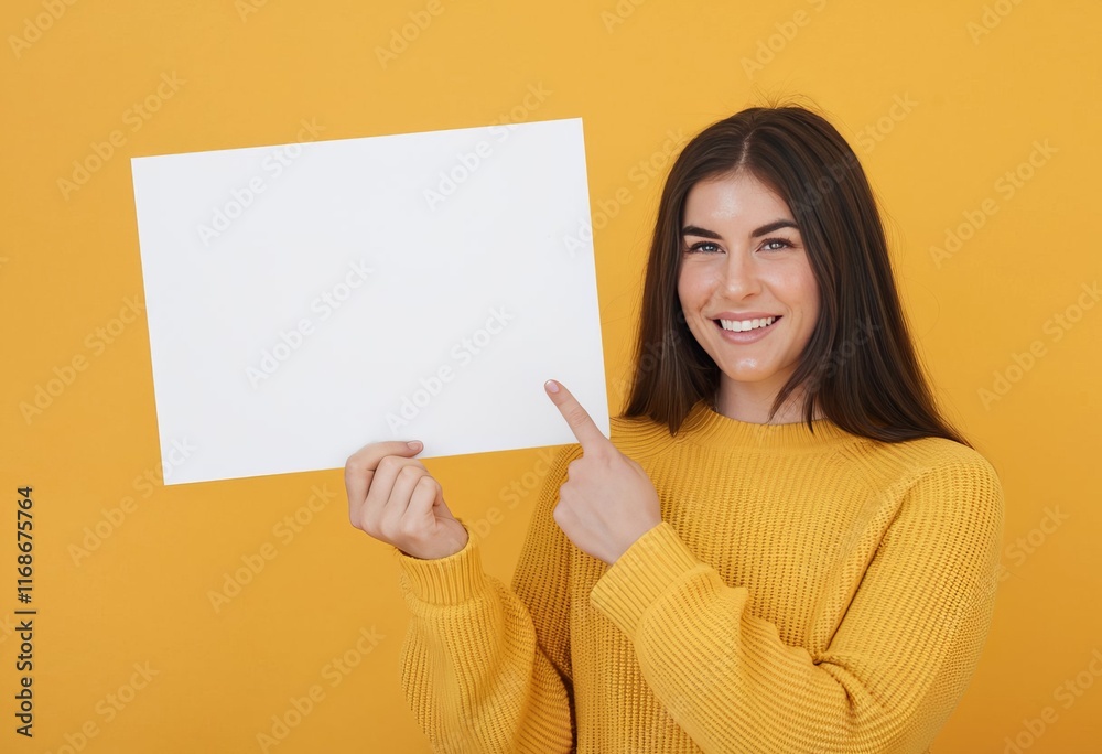 Cheerful Young Woman in Knitted Sweater Pointing at Blank Card Against Solid Background - Mockup Template for Advertisement or Announcement Cheerful Young Woman in Knitted Sweater Pointing at Blank Card Against Solid Background - Mockup Template for Advertisement or Announcement