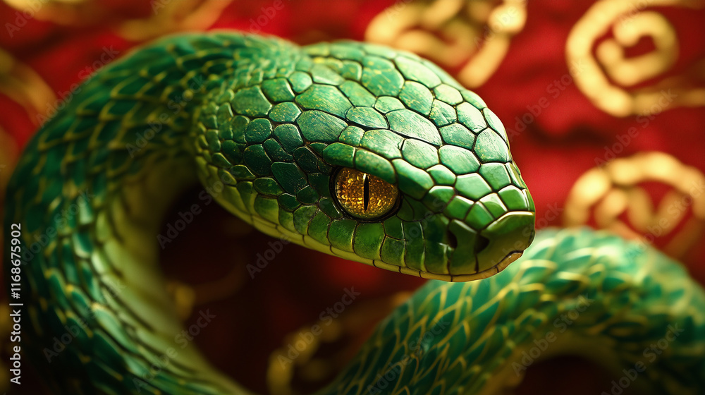 Close-up of green snake on red fabric with golden accents. Close-up of green snake on red fabric with golden accents.