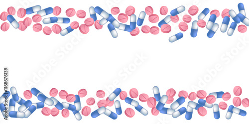 Antibiotic pills medical vector illustration. Capsule drugs and tablets illness prescription elements. Blue white and pink  capsules, first aid treatment or vitamins. Therapy cure drugs.