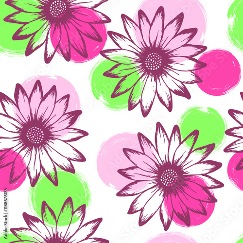 Chrysanthemum bright summer endless rapport. Sunflower blossom over circles b...