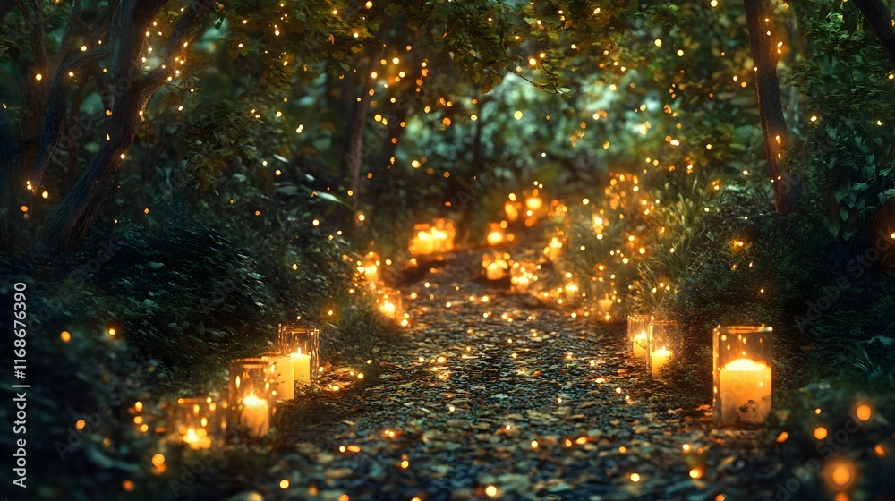 Naklejka premium A romantic stroll through a candlelit pathway in the forest, with soft lights glowing and leaves rustling in the breeze