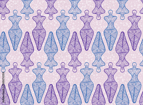 Slavic goddess trypillia culture seamless pattern. Abstract romanian tribal motif. Ancient pagan mythology mother goddess figurine. Neolithic amulet riddle pattern.