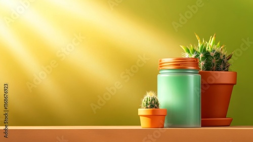 Cosmetic Mockup on Subtle Desert Shelf with Cactus Accent. Generative AI photo