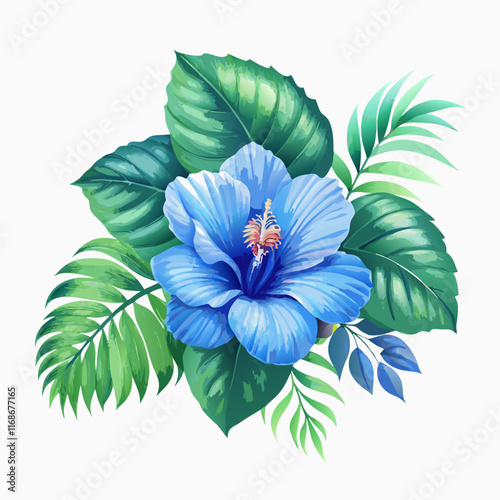 Hibiscus flowers and palm tree leaves vector illustration (3)