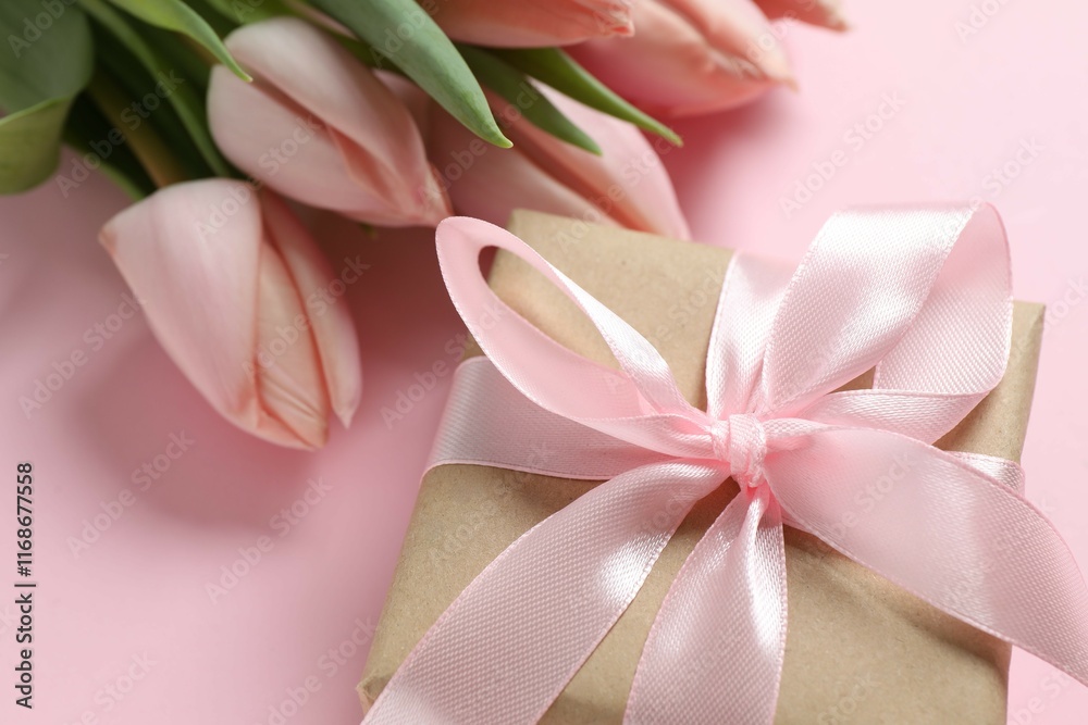 Fototapeta premium Beautiful fresh tulips with a gift box on color background