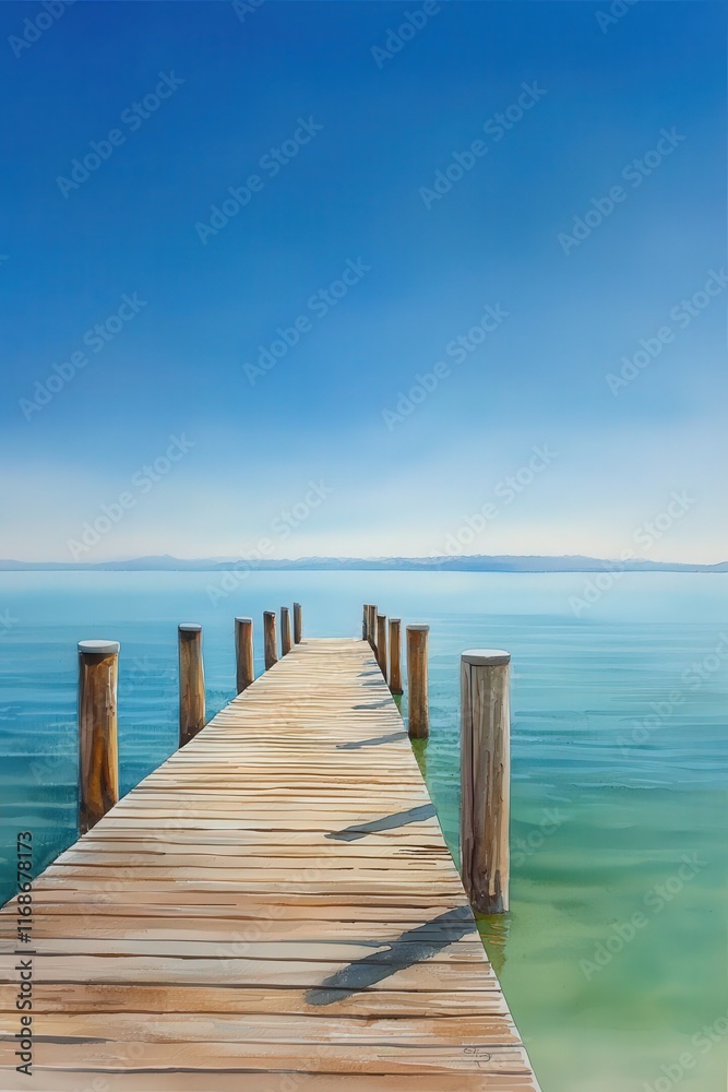 Fototapeta premium A wooden pier stretching into a clear, turquoise ocean