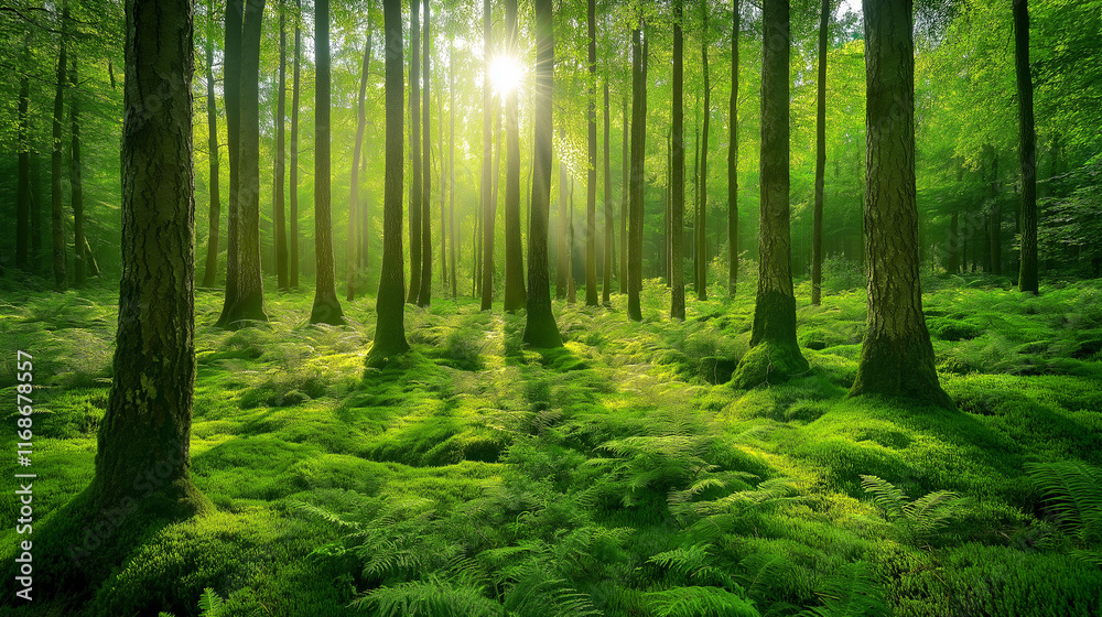 Tranquil Misty Forest with Sunlight and Lush Greenery Tranquil Misty Forest with Sunlight and Lush Greenery