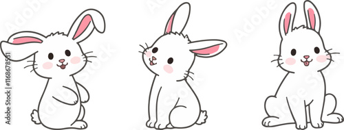 cute cartoon bunnies with pink ears and cheeks, drawn in a kawaii style, sitting and standing in different poses, showcasing their fluffy and adorable appearance
