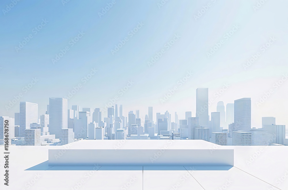 White platform overlooking a minimalist city skyline under a bright blue sky.