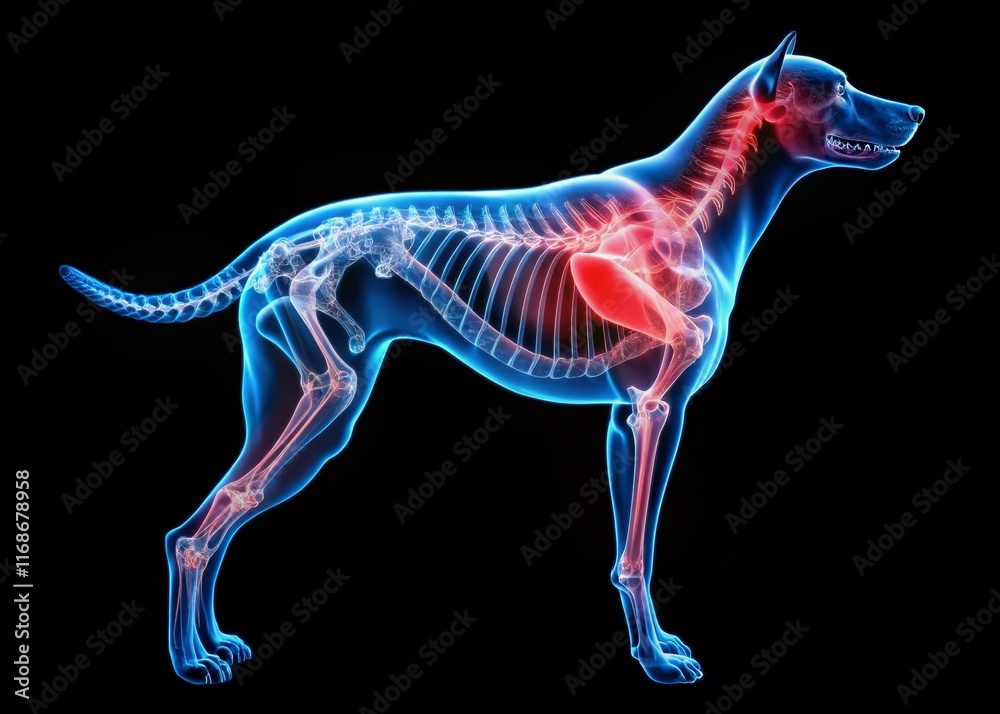 Obraz premium Canine Degenerative Joint Disease: X-Ray of Shoulder Joint Showing Red-Highlighted Bone Degradation