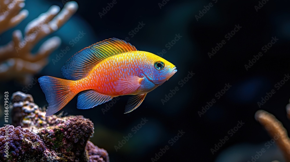 Brightly colored damselfish weaving in and out of coral formations. Brightly colored damselfish weaving in and out of coral formations.