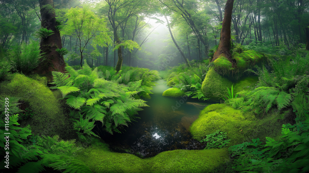 Tranquil Misty Forest with Sunlight and Lush Greenery Tranquil Misty Forest with Sunlight and Lush Greenery