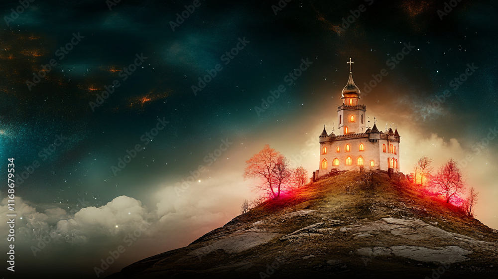digital painting of fantasy castle on hill, illuminated by warm lights, surrounded by mystical sky filled with stars and clouds, creating enchanting atmosphere digital painting of fantasy castle on hill, illuminated by warm lights, surrounded by mystical sky filled with stars and clouds, creating enchanting atmosphere
