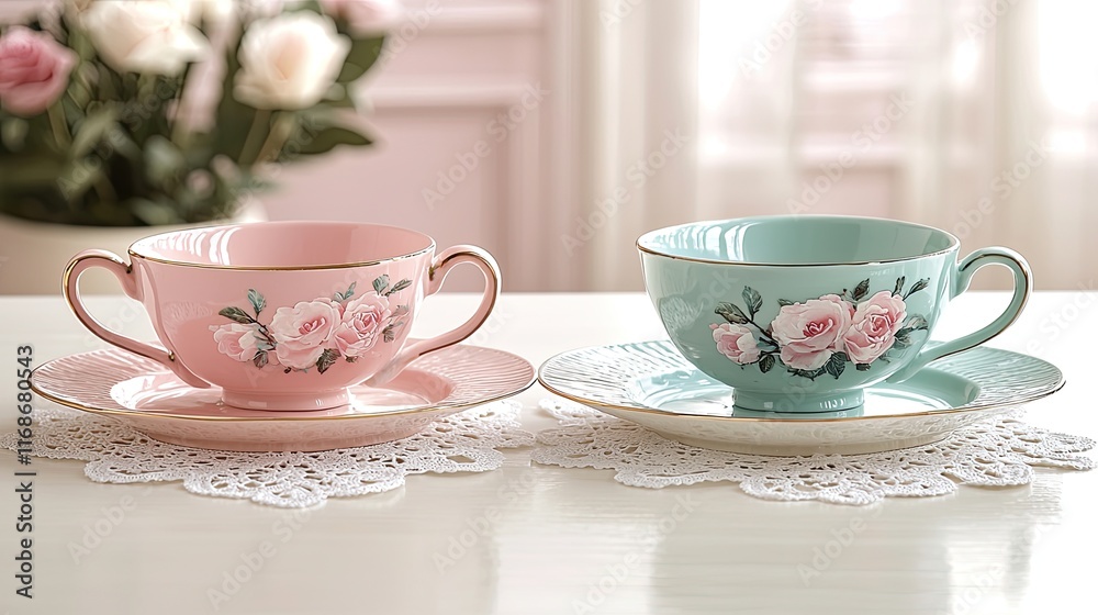 Fototapeta premium Two elegant teacups with rose decoration resting on saucers in soft pastel colors