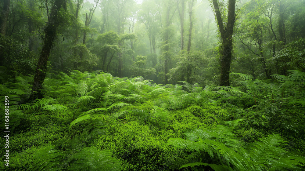 Tranquil Misty Forest with Sunlight and Lush Greenery Tranquil Misty Forest with Sunlight and Lush Greenery