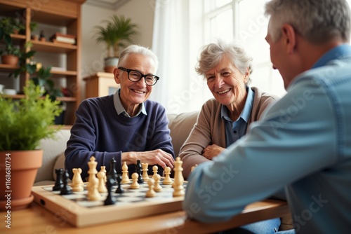 Elderly Couple Enjoying Chess Game in Cozy Living Room, Perfect for Family, Retirement, and Senior Living Themes photo