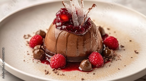 Chocolate mousse dome with fruit coulis and sugar shards