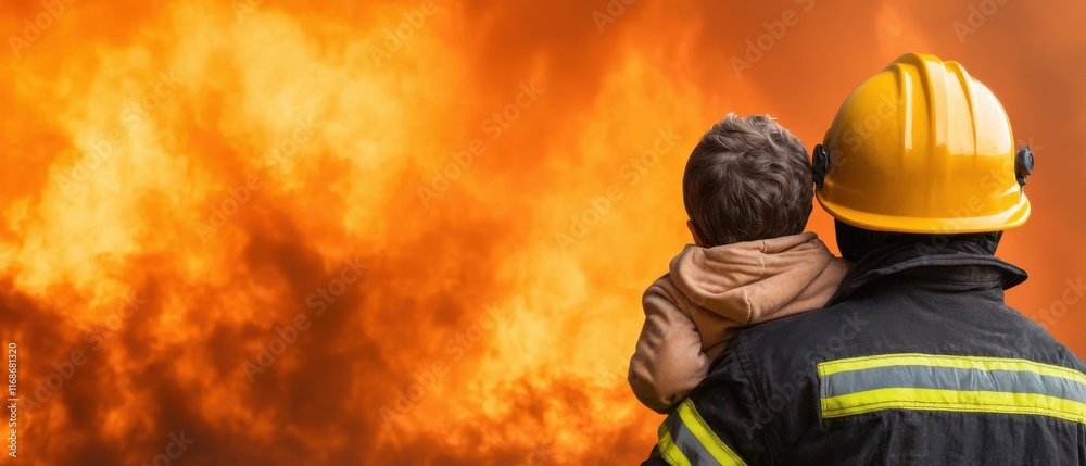 Fototapeta premium life-saving concept. Firefighter holding a child, facing a large fire backdrop.