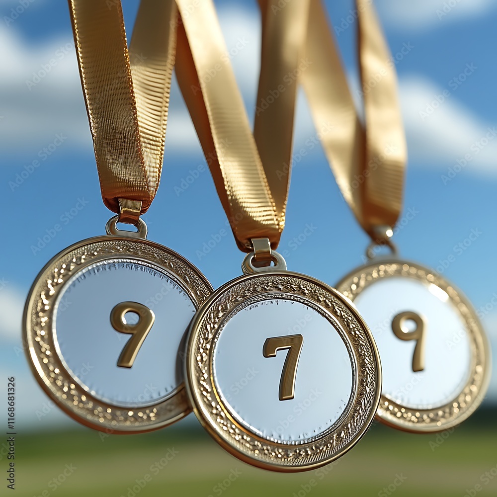 Three Gold Medals Displaying Numbers Seven and Nine
