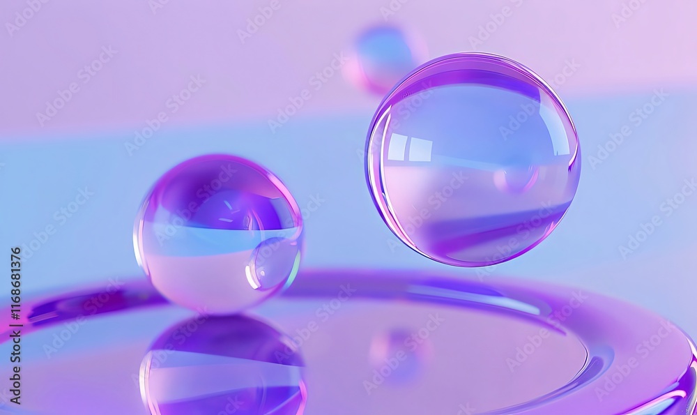 Abstract iridescent spheres levitate above a reflective surface. Abstract iridescent spheres levitate above a reflective surface.