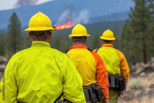 life-saving concept. Firefighters in bright gear observing a wildfire in the distance.