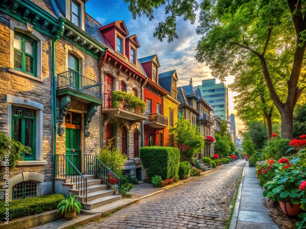 Charming Montreal Street: Colorful Houses & Cobblestone Road - Canadian Architecture Stock Photo Charming Montreal Street: Colorful Houses & Cobblestone Road - Canadian Architecture Stock Photo