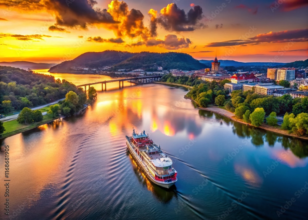 Naklejka premium Chattanooga Tennessee Riverboat Aerial View - Scenic Sunset Cruise