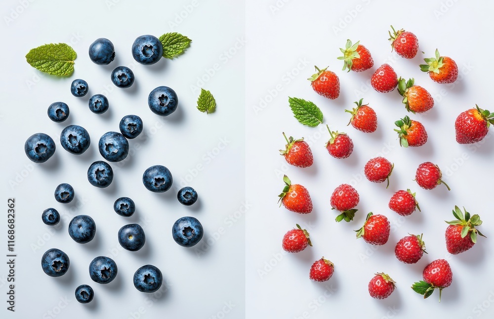 Arrangement of Fresh Blueberries and Strawberries with Mint Leaves on a Light Background for Vibrant Fruit and Healthy Lifestyle Concepts Arrangement of Fresh Blueberries and Strawberries with Mint Leaves on a Light Background for Vibrant Fruit and Healthy Lifestyle Concepts