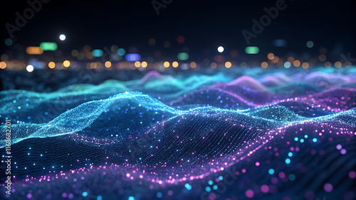A 3D abstract scene of shimmering particles in vibrant blues and purples, resembling water, set against a dark background with blurred city lights