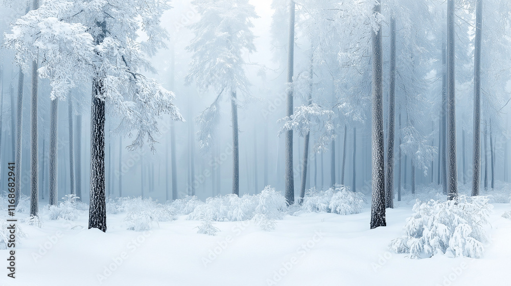 Naklejka premium Serene Snowy Winter Forest with Misty Atmosphere