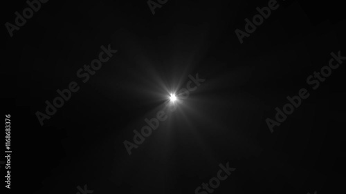 Optical lens flare effect with shiny radiant light beams and a soft glowing aura on a black background, creating a dynamic and ethereal animation. Concept of illumination, radiance, and cinematic 