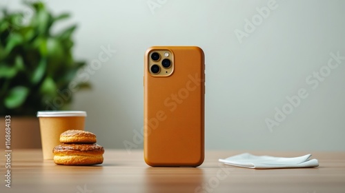 Mockup of a Stylish Phone Case in a Cafe. Generative AI