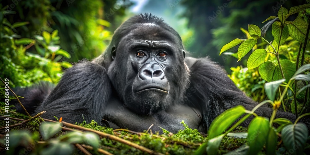 Fototapeta premium A grieving gorilla, a poignant portrait of endangered primate sorrow amidst a desolate landscape.