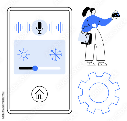 Woman holding bags adjusting smart home climate settings via app on phone, settings include sun and snowflake icons with slider, microphone, gear. Ideal for smart home, IoT, technology, home