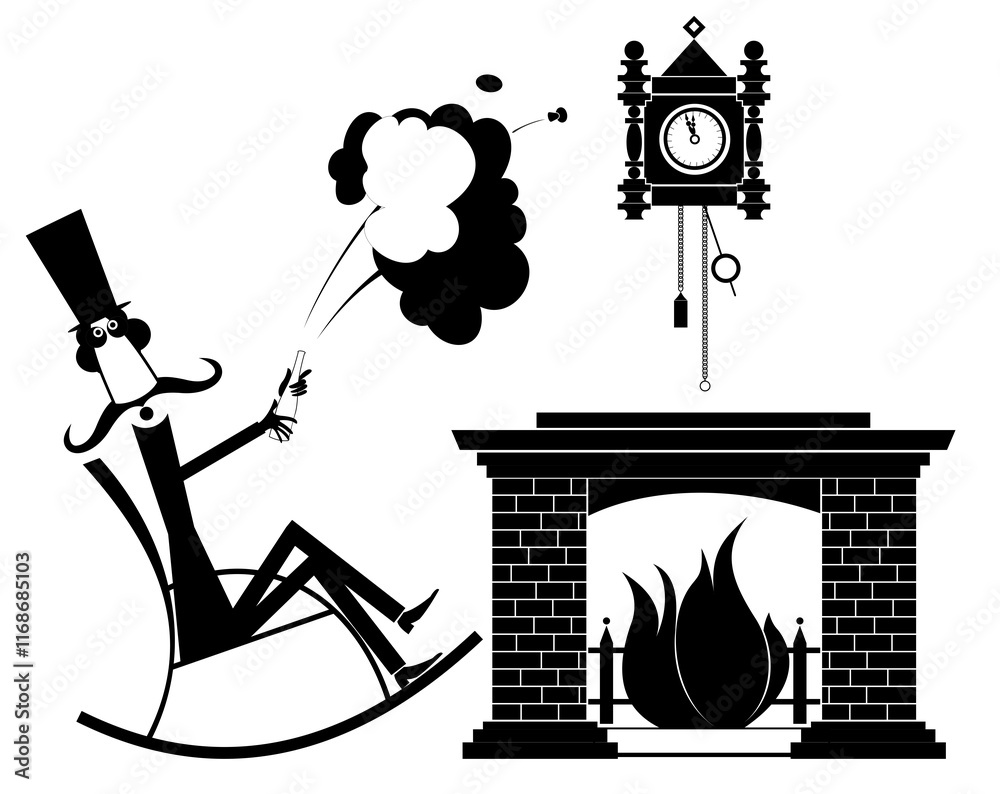 Φωτογραφία Man sits in the rocking chair near the fireplace with a bottle of champagne or wine