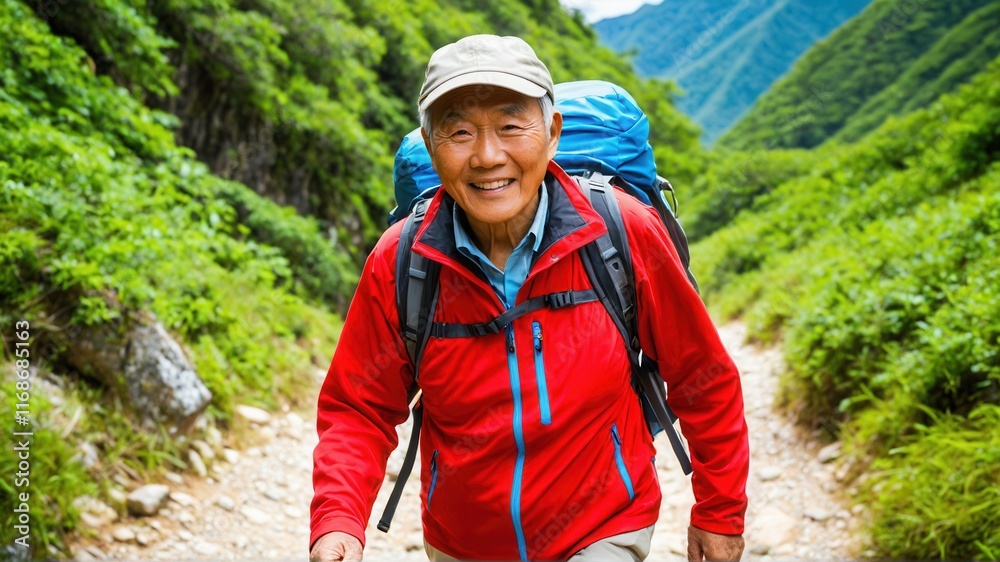 Fototapeta premium Elderly man enjoying a mountain hike on a sunny day