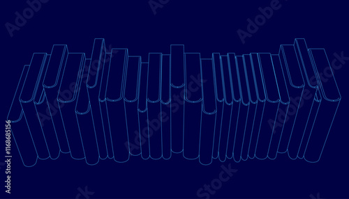 Row of books is shown in a blue color. The books are lined up in a row, and they are all different sizes. The image gives the impression of a library or a bookstore