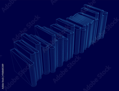 Blue image of a stack of books. The books are stacked in a row and are all the same size. The image has a very organized and orderly feel to it