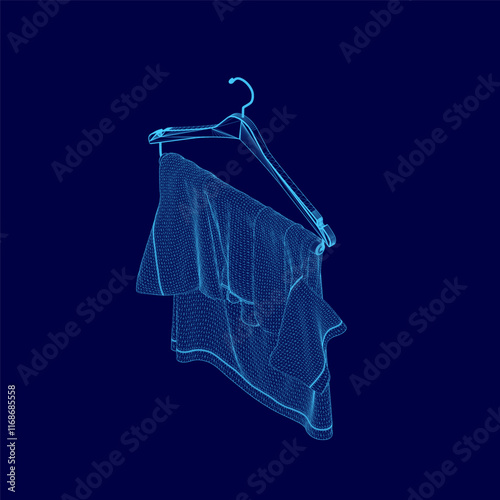 Blue image of a dress hanging on a clothes hanger. The image has a dreamy, ethereal quality to it