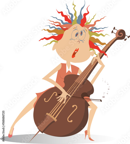 Funny woman plays cello. 
Cartoon woman playing cello with great inspiration. Isolated on white background

