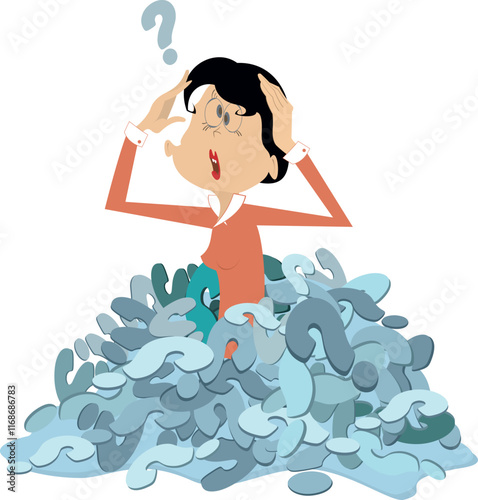 Too much questions. Thinking woman. Concept. 
Serious, thinking businesswoman appears from a pile of questions signs. Isolated on white background
