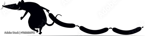 Happy rat or mouse dragging sausages. 
Funny rat or mouse stealing three appetite sausages. Black and white illustration
