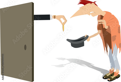 Hungry and chilled beggar asks for help and money. 
Hand from the door puts coin into the hat of the beggar. Concept illustration
