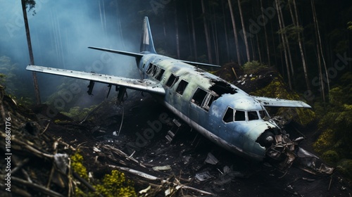 Aerial view of a crashed plane in a dense forest, surrounded by smoke and debris, with a focus on the wreckage and natural surroundings.