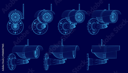 Series of blue images of security cameras. The images are all different sizes and angles, but they all have the same basic design. The mood of the images is somewhat abstract and surreal