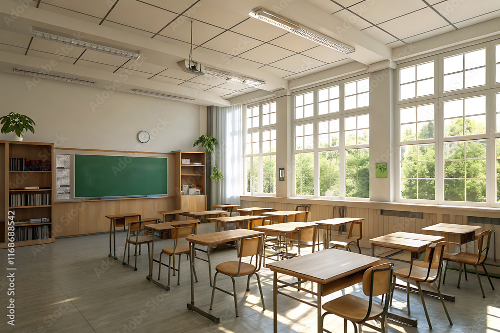 A bright, spacious classroom with natural light, wooden desks, a chalkboard, and bookshelves, creating a calm, focused atmosphere A bright, spacious classroom with natural light, wooden desks, a chalkboard, and bookshelves, creating a calm, focused atmosphere