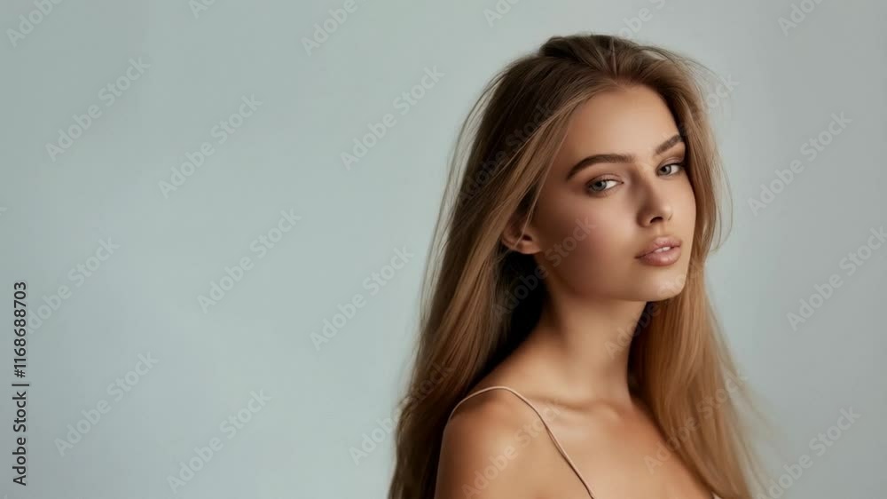 Elegant female model with windblown brown hair, subtle makeup, and a peaceful expression