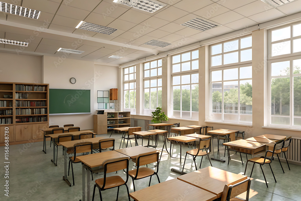 A bright, spacious classroom with natural light, wooden desks, a chalkboard, and bookshelves, creating a calm, focused atmosphere A bright, spacious classroom with natural light, wooden desks, a chalkboard, and bookshelves, creating a calm, focused atmosphere