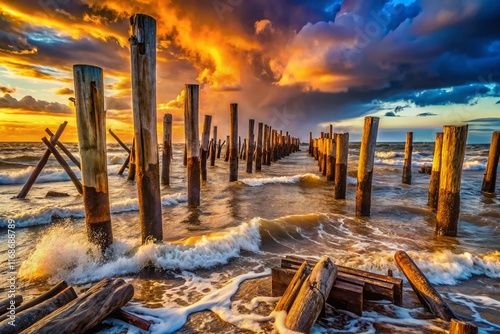 Hurricane Ida Aftermath: Destroyed Wooden Pilings on a Desolate Coastline photo