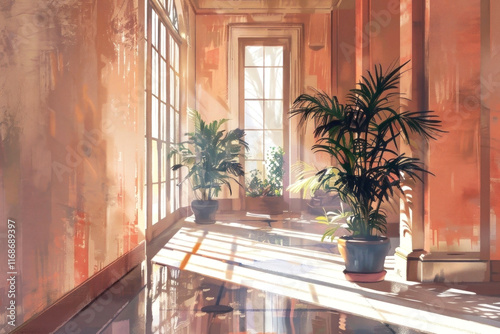 Sunlit sanctuary with lush green plants casting serene shadows on the floor